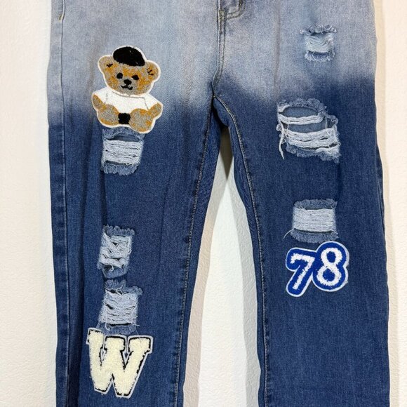 Funky Retro Jeans Distressed Bear Varsity Patches Streetwear Hip Hop Y2K 36 - Picture 5 of 9